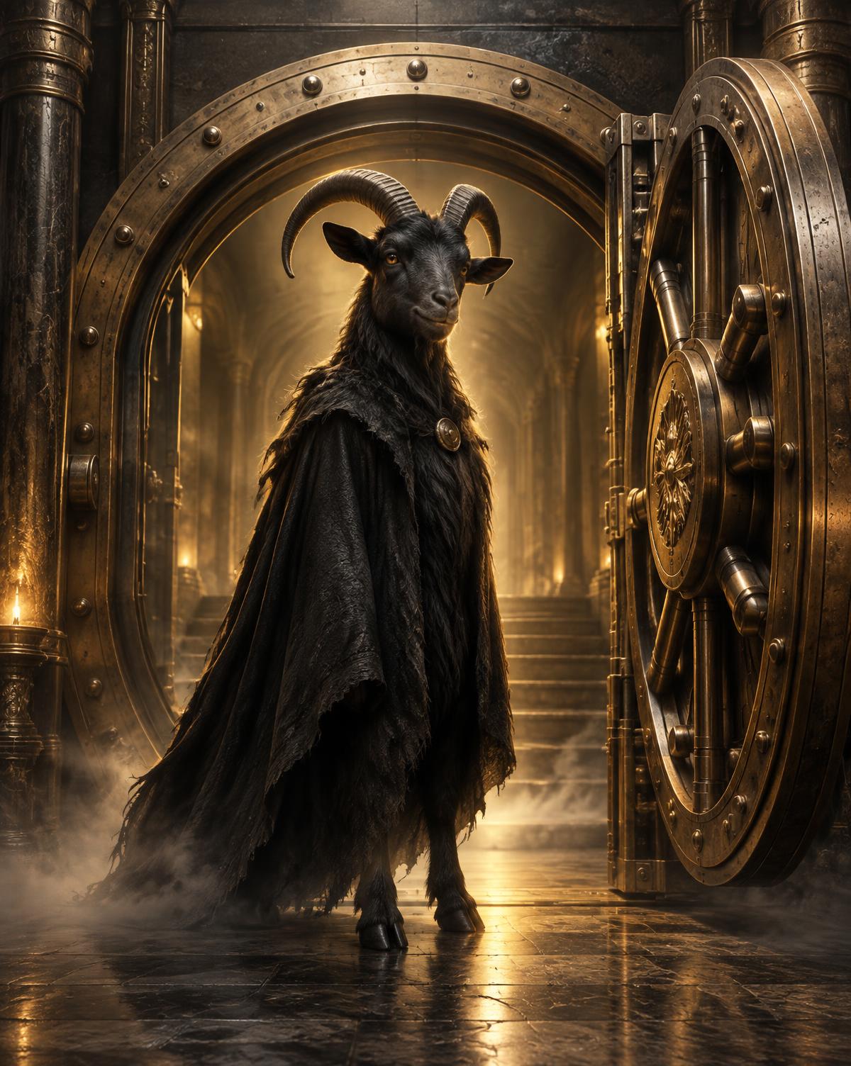 Goatveil, a mysterious black goat standing before an open golden vault