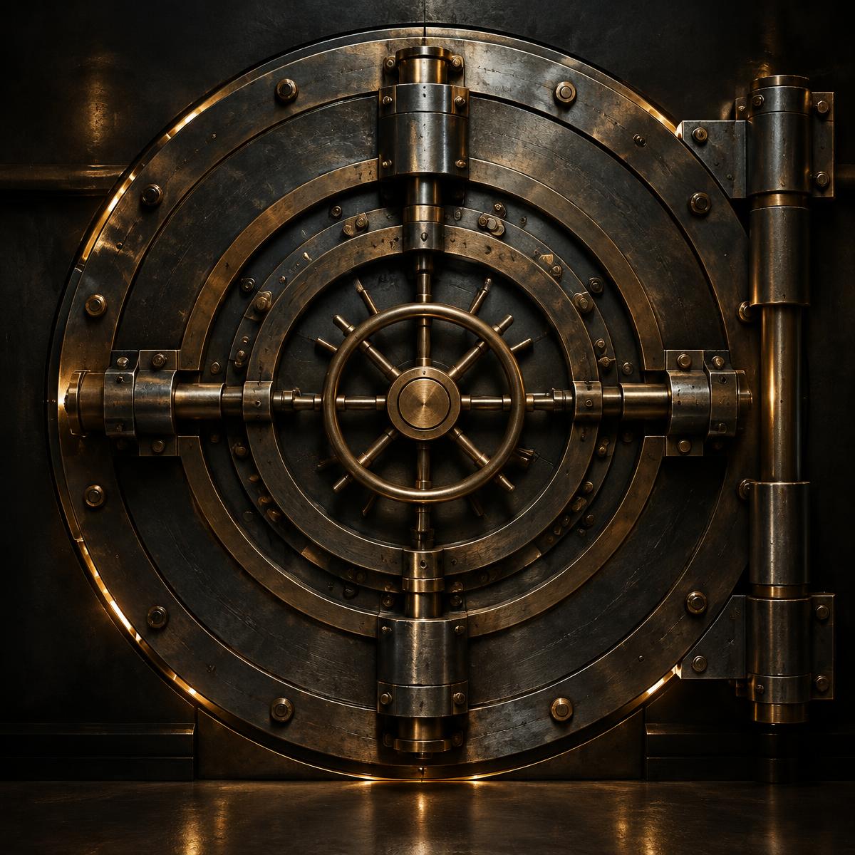 An intricate antique bronze and graphite vault door